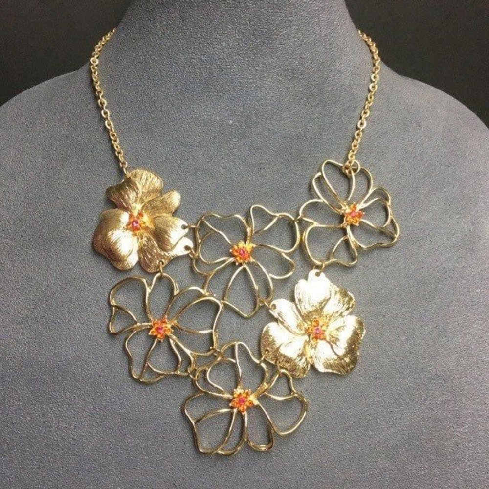Flowers Bib Statement Necklace Orange Rhinestone Gold Chain Wire Detailed Retro